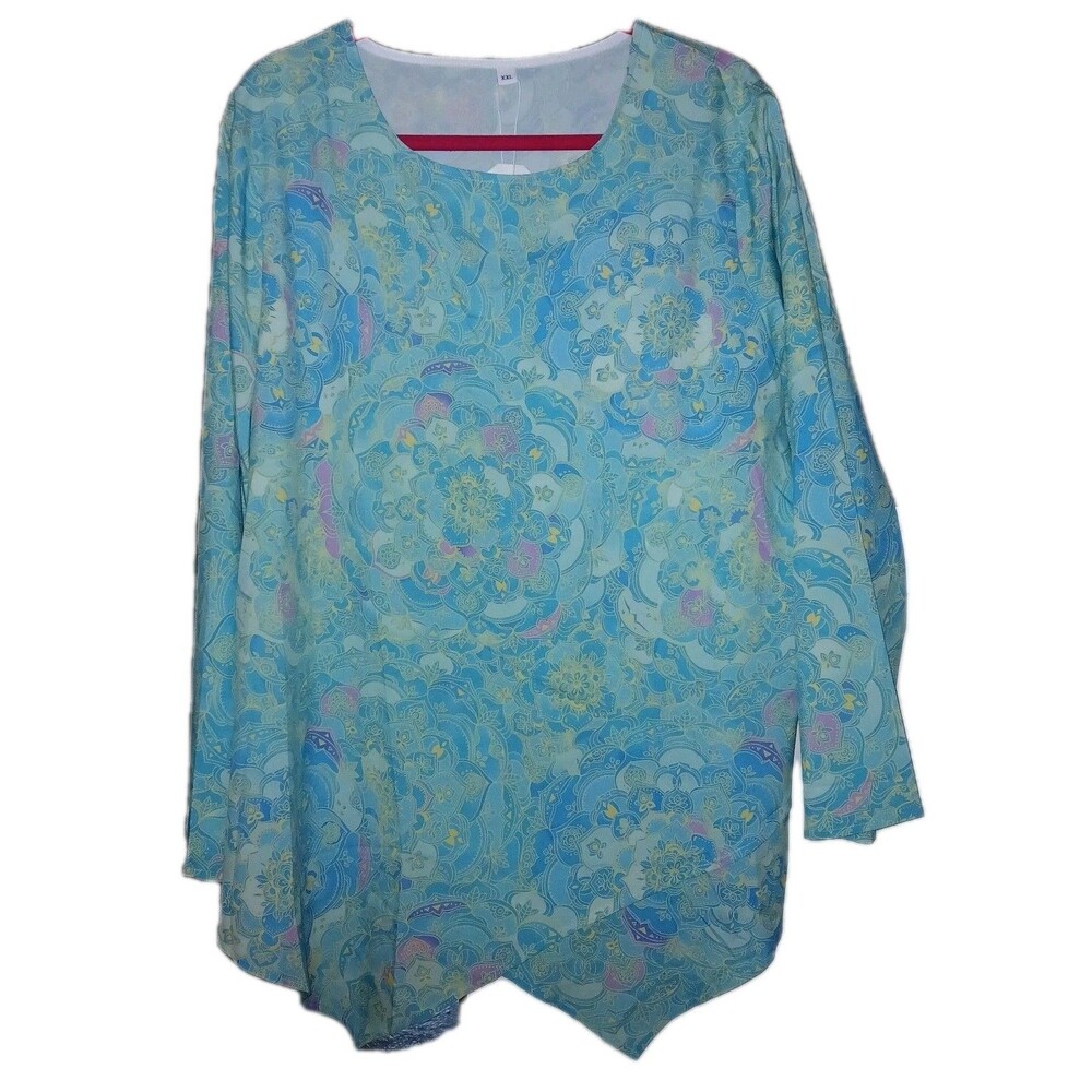 NWT UNBRANDED Womens XXL Floral Boho Peasant Long Sleeve Sharkbite Hem Top Blue